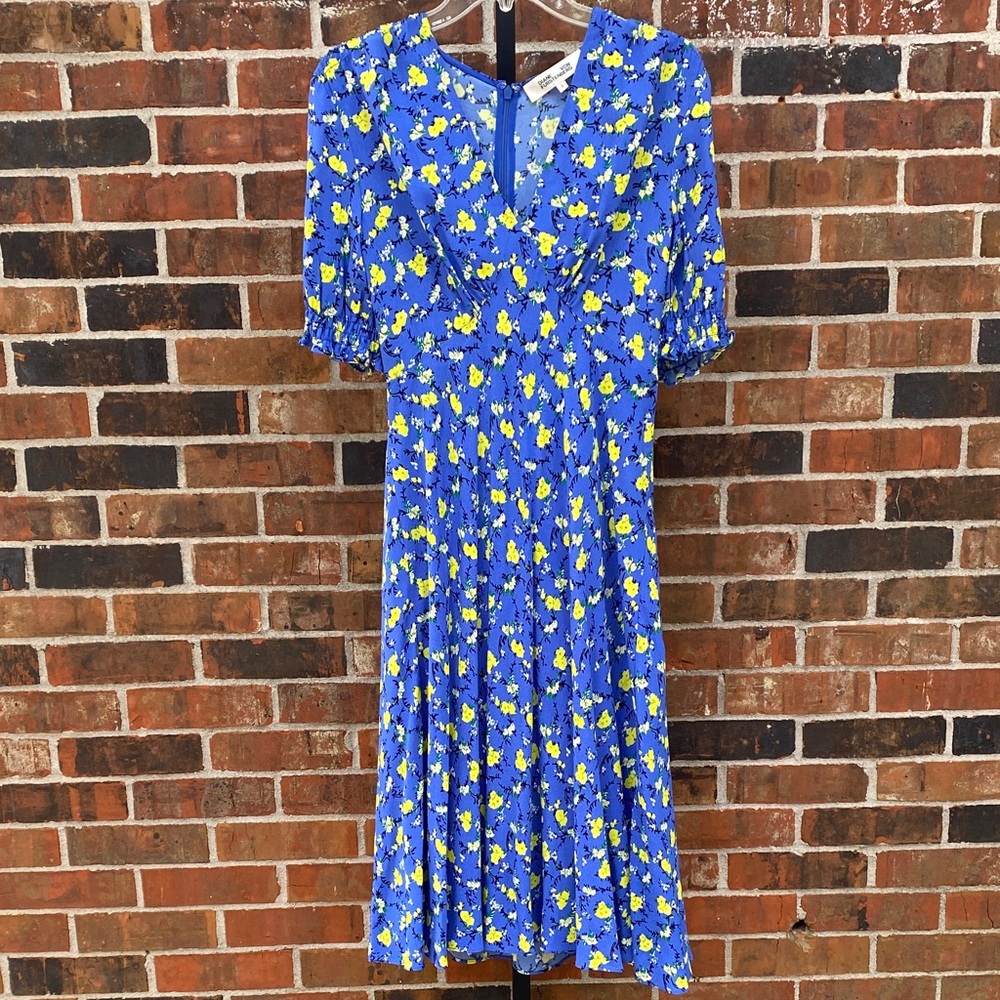 Diane Von Furstenberg Jemma Crepe Dress Size 6 Blue Yellow Floral Puff Sleeves
